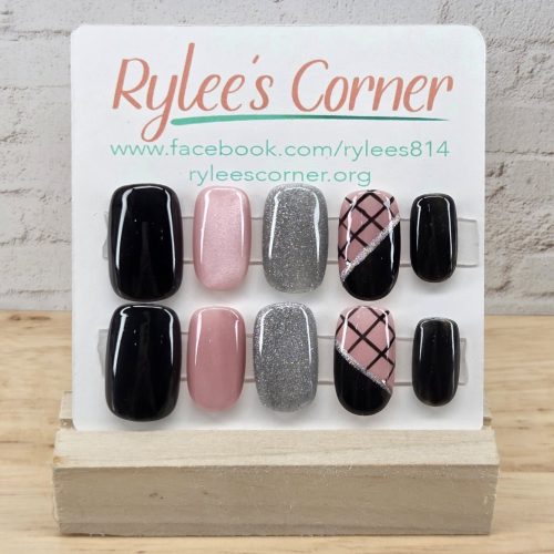 Pink, Black and Silver Press on Nail Set